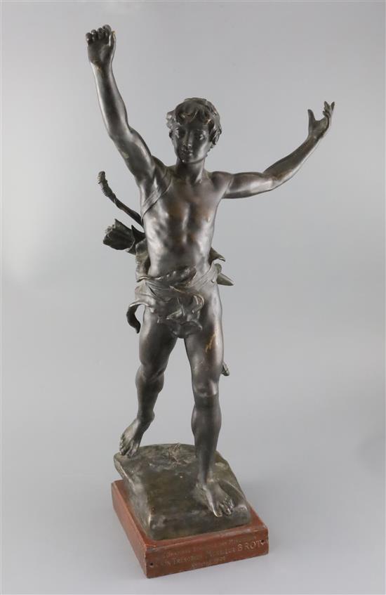 Eugène Marioton (1854-1933). A bronze figure of a victorious archer standing with arms aloft, height 26.5in.